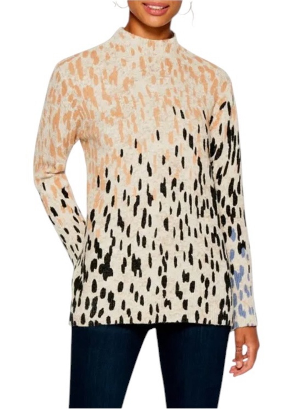 NWT NIC+ZOE Cotton Blend Cozy Up Spotted Mock Neck Sweater Neutral Multi Size XL